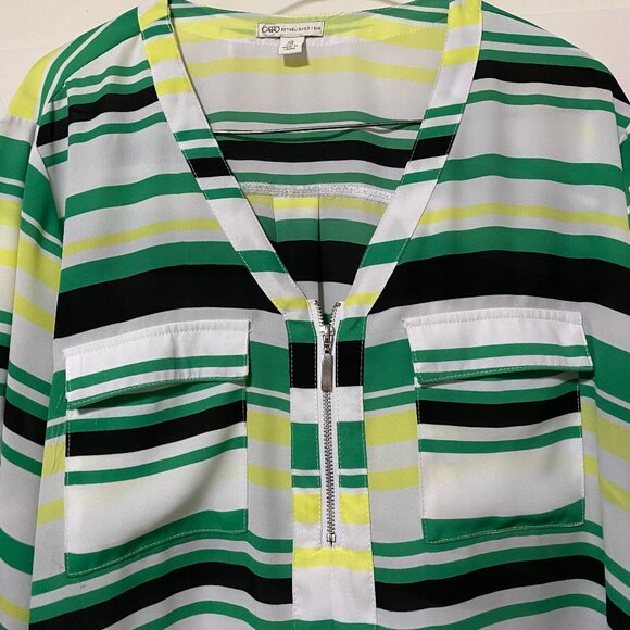 Cato long sleeve green, white, yellow & black striped tunic, size XL - Picture 2 of 12